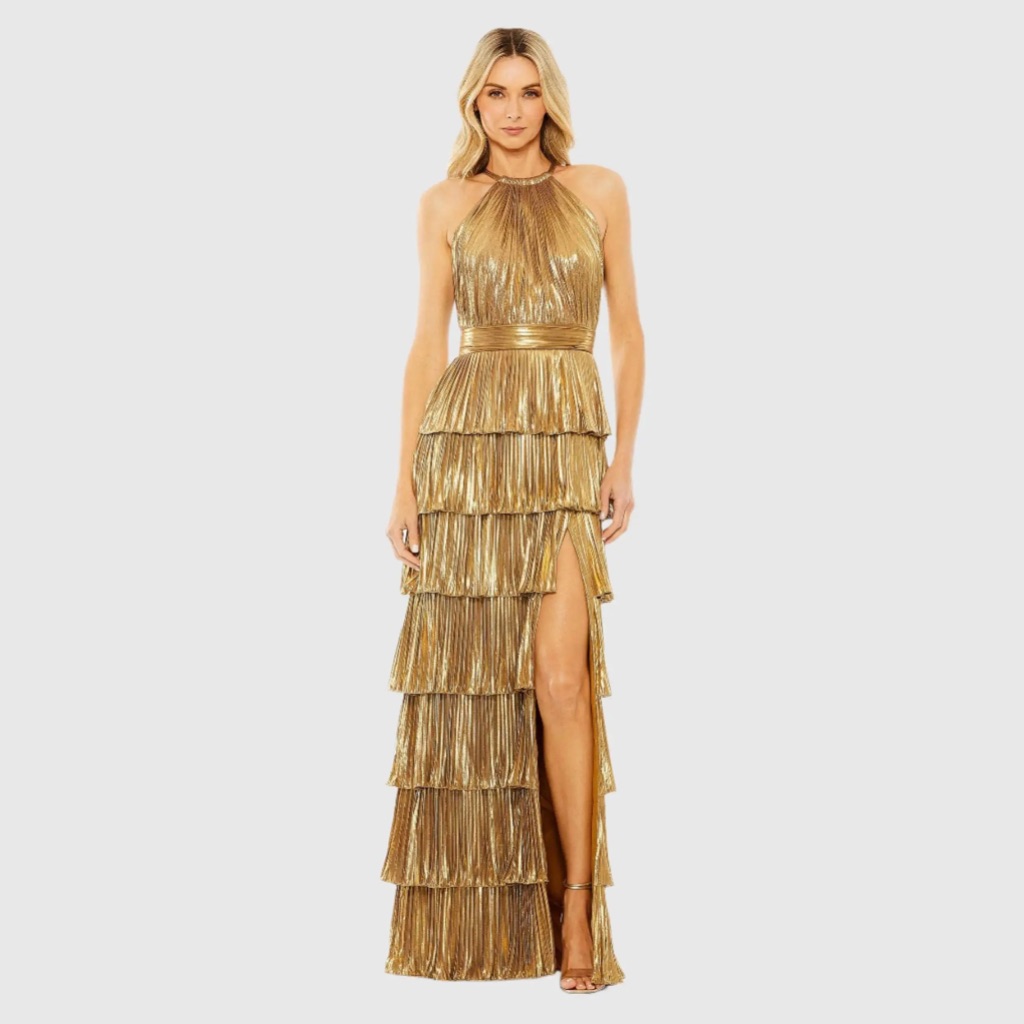 Mac Duggal Gold High Neck Pleated Tiered Ruffle Metallic Gown